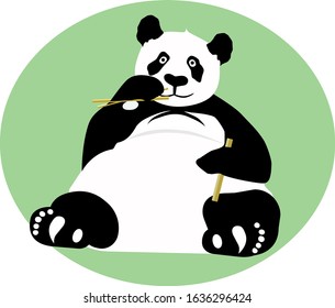 Cute and happy fat smiling panda drawn in vector sits on and eats bamboo