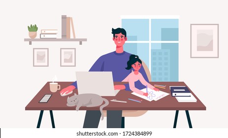 Cute happy father sits with a baby and works at a laptop. Home office. Man freelancer, remote work and raising a child at workplace. Family together with cat on table Flat cartoon vector illustration.