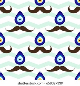 Cute Happy Father's Day background. Seamless mustache pattern with evil eye bead and chevron background. Zig zag pattern design  Turkish style. 