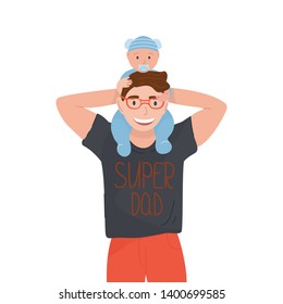 Cute Happy fathers day card design. Smiling young man in t shirt with sign Super dad holding his adorable baby boy in blue clothes with dummy on his shoulders. Isolated flat vector illustration.