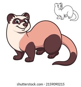 Cute Happy Ferret with Black and White Line Art Drawing, Mammals, Vector Character Illustration, Outline Cartoon Mascot Logo in Isolated White Background.