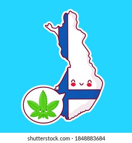 Cute happy Finland map and flag character with weed, marijuana in speech bubble. Vector flat line cartoon funny kawaii character illustration icon. FinlandI, medical cannabis concept