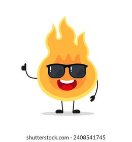 Cute happy fire character wear sunglasses. Funny flame greet friend cartoon emoticon in flat style. closet vector illustration