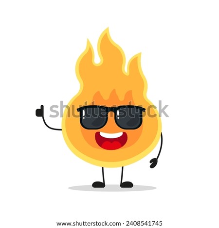 Cute happy fire character wear sunglasses. Funny flame greet friend cartoon emoticon in flat style. closet vector illustration
