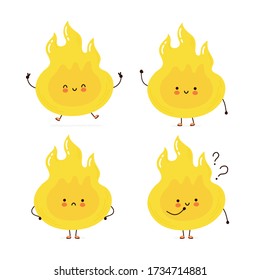 Cute Happy Fire Flame Set Collection. Isolated On White Background. Vector Cartoon Character Illustration