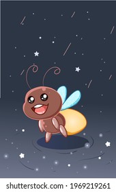 Cute and happy firefly in the night sky cartoon illustration