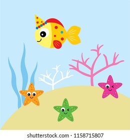 cute happy fish happy birthday party vector. fish cartoon with party hat and starfish vector.