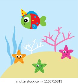 cute happy fish happy birthday party vector. fish cartoon with party hat and starfish vector.