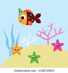 cute happy fish happy birthday party vector. fish cartoon with party hat and starfish vector.