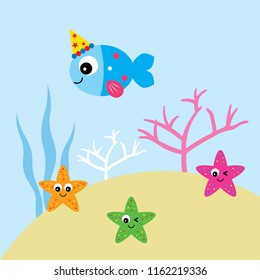cute happy fish happy birthday party vector. fish cartoon with party hat and starfish vector.