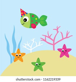 cute happy fish happy birthday party vector. fish cartoon with party hat and starfish vector.