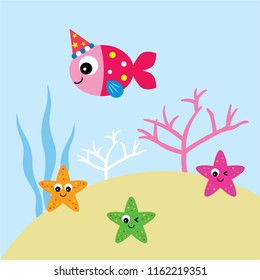 cute happy fish happy birthday party vector. fish cartoon with party hat and starfish vector.