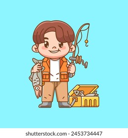 Cute happy fisher fishing kawaii chibi character mascot illustration outline style design set