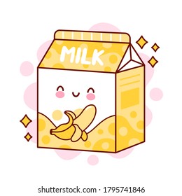 Cute happy flavored banana milk. Vector flat line cartoon kawaii character illustration icon. Isolated on white background