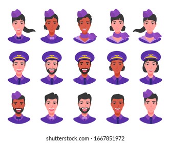 Los alegres avatares de la tripulación de vuelo están listos. Alcaldes, mayordomo, piloto sonriendo. Varias cabezas con hombros. Dibujo de dibujos animados planos vectoriales aislados en un fondo blanco.