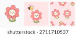 Cute happy flower and bee illustration set with a soft pink seamless pattern, designed for children