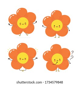 Cute Happy Flower Set Collection. Isolated On White Background. Vector Cartoon Character Illustration