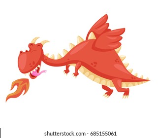 Cute Happy Flying Baby Dragon Illustration Blowing Fire