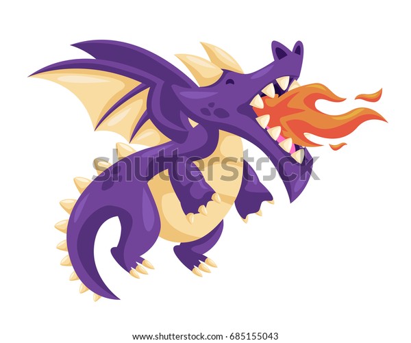 かわいい幸せな空飛ぶ赤ちゃんドラゴンイラスト火を吹く のベクター画像素材 ロイヤリティフリー 685155043