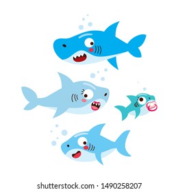Cute happy four member family shark swimming on sea