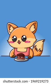 Cute and happy fox with cake cartoon illustration