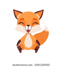 Personaje lindo del zorro feliz que se sienta en el piso, Ilustración vectorial animal divertida del bosque en un fondo blanco