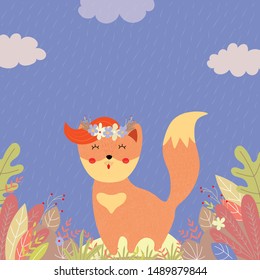 Cute happy fox in flower wreath with ginger forelock and stand with closed eyes among plants and leaves on field in rainy autum fall day, Cartoon flat vector hand drawn scandinavian illustration