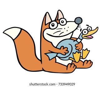 Cute happy fox and a frightened fat duck. Vector illustration. Cartoon happy character.