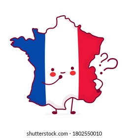 Cute happy France map and flag character with question mark. Vector flat line cartoon kawaii character illustration icon. Isolated on white background. France concept