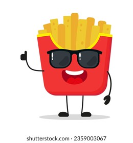 Cute glückliche Pommes frites Charakter trägt eine Sonnenbrille. Funny Junk Food Gruß Freund Cartoon Emoticon in flachem Stil. Kartoffelpommes Emoji, Vektorgrafik