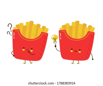 Cute happy french fries with question mark and idea lightbulb. Isolated on white background. Vector cartoon character hand drawn style illustration