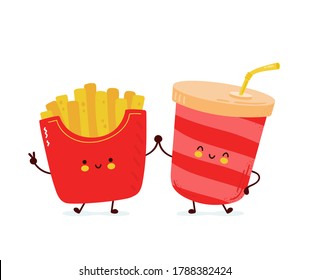 Cute happy french fries and soda water. Isolated on white background. Vector cartoon character hand drawn style illustration