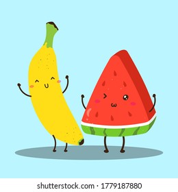 Cute happy fresh banana and watermelon vector design, can be use to make poster