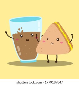 Cute happy fresh chocolate milk and sandwich vector design, can be use to make poster