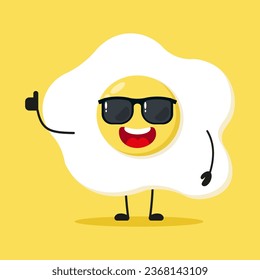 Cute happy fried egg character wear sunglasses. Funny food greet friend cartoon emoticon in flat style. egg vector illustration