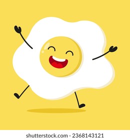Cute happy fried egg character. Funny victory jump celebration food cartoon emoticon in flat style. egg vector illustration