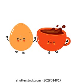 Cute happy fried egg and coffee cup. Vector cartoon character illustration. Friends concept
