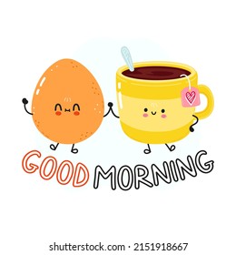 Cute happy fried egg and coffee cup. Vector cartoon character illustration. Good morning card