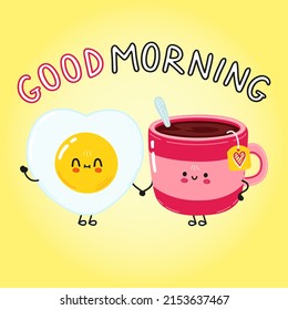 Cute happy fried egg and coffee cup. Vector cartoon character illustration. Good morning card