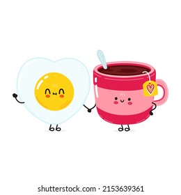 Cute happy fried egg and coffee cup. Vector cartoon character illustration. Good morning card
