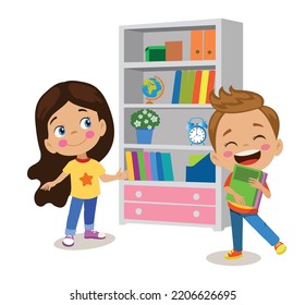 cute happy friends in front of bookshelf