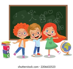 cute happy friends hugging students in front of classroom lesson board at school