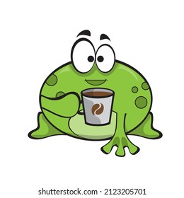 Cute happy frog with cup of hot coffee. Cute cartoon animal illustration on white