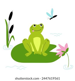 Cute happy frog and dragonfly with lilies and reeds on the pond. Vector children illustration.