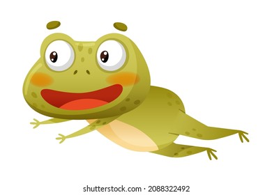 Cute happy frog jumping. Green funny toad cartoon character vector illustration