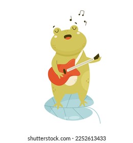 Cute happy frog playing the guitar standing on a water leaf. Funny adorable animal toad character isolated on white background