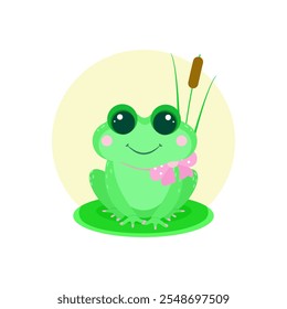 Cute and happy frog with reed. Vector illustration for child, girls.