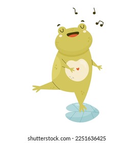 Cute happy frog singing on a water leaf. Funny adorable animal toad character isolated on white background