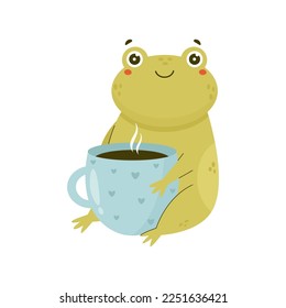 Cute happy frog sitting with a cup of coffee. Funny adorable toad character