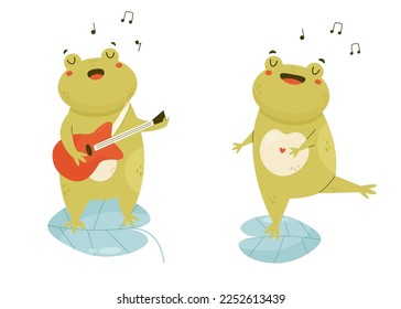 Cute happy frogs singing and playing the guitar standing on a water leaf. Funny adorable animal toad character isolated on white background